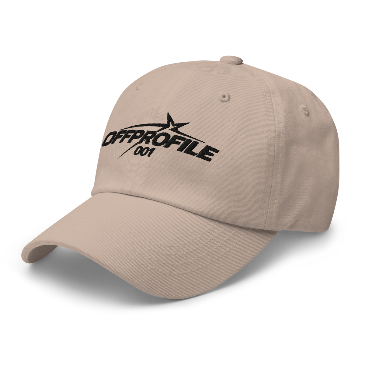 Gorra dad hat OFF PROFILE color piedra, vista frontal izquierda